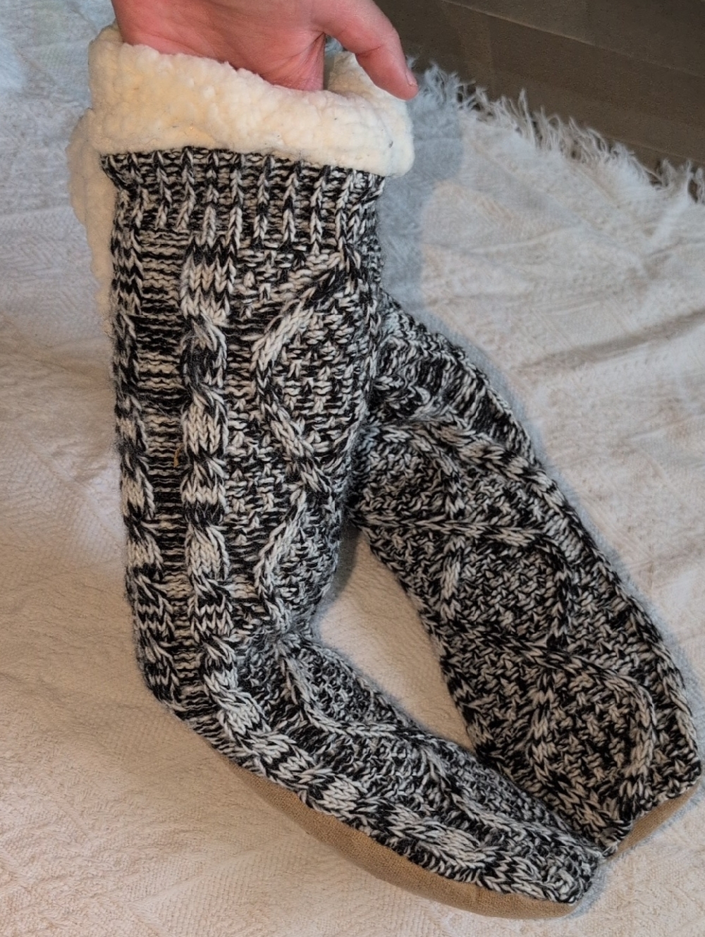 NWT - JUST COZY Black & White Cable Knit Sherpa Slipper Socks